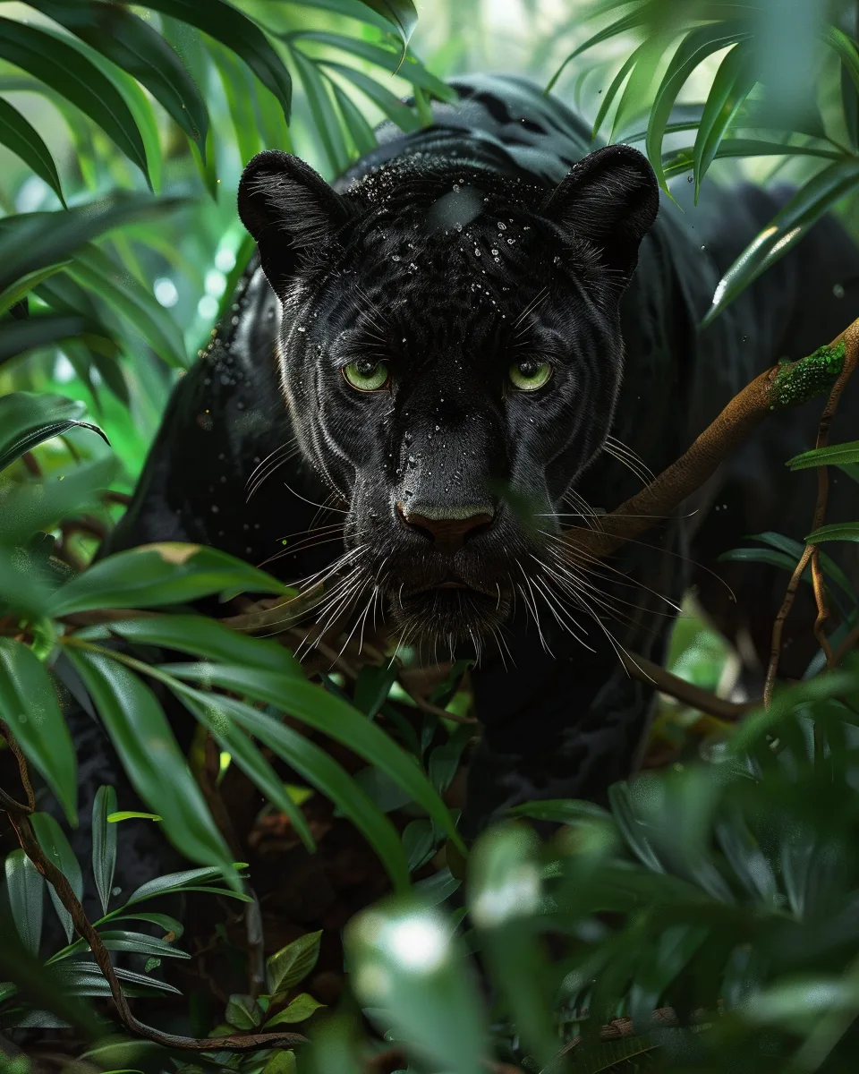 Black panther looking forward through dense wet green foliage