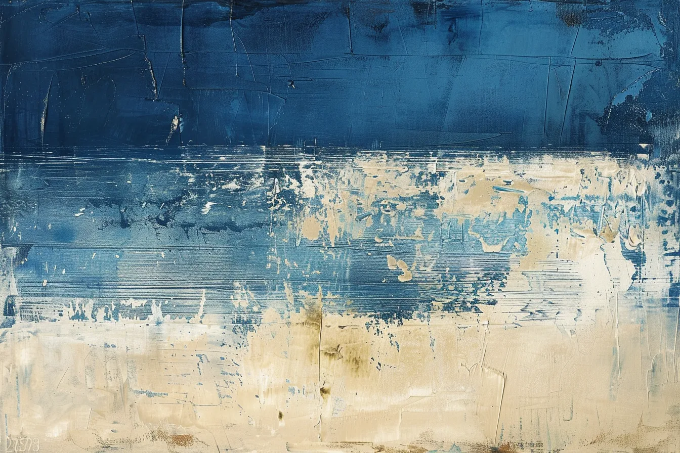 Deep blue abstract artwork with scraped cream and pale blue horizontal marks