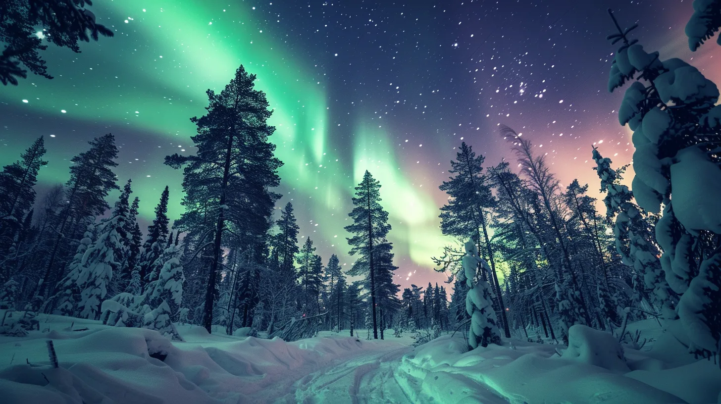 Snow-covered forest beneath green and violet northern lights