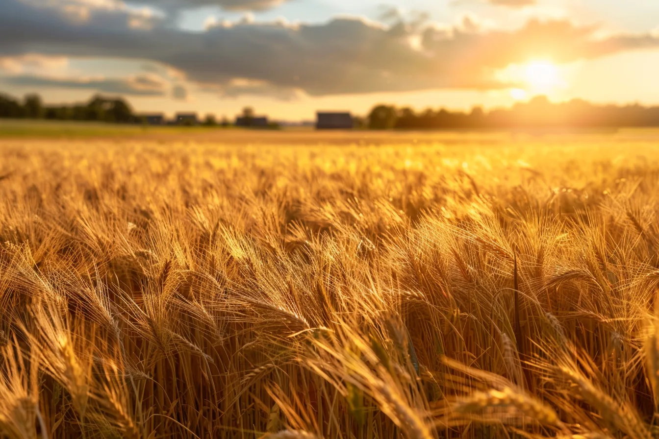Golden grain field at sunset with soft farm buildings on the horizon