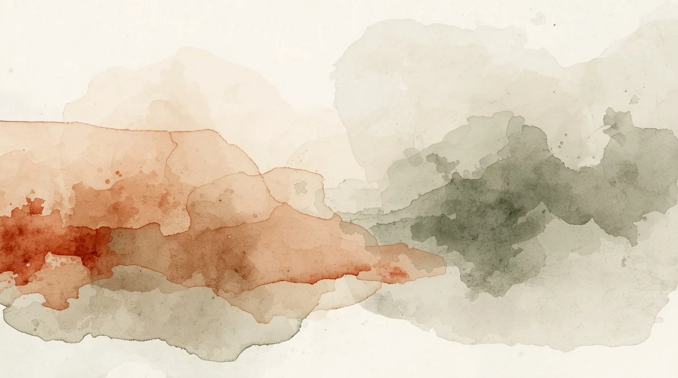 Minimal watercolor-like abstract in rust, warm gray, pale green, and cream